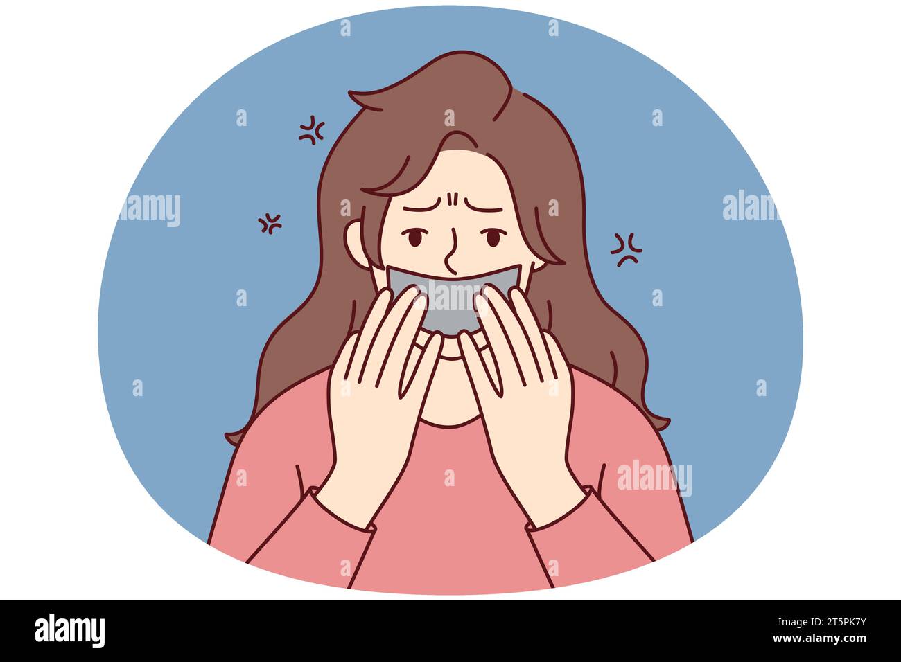 Scared young woman with tape on mouth suffer from speech censorship. Terrified female have freedom of speech limitation. Discrimination and harassment. Vector illustration. Stock Vector