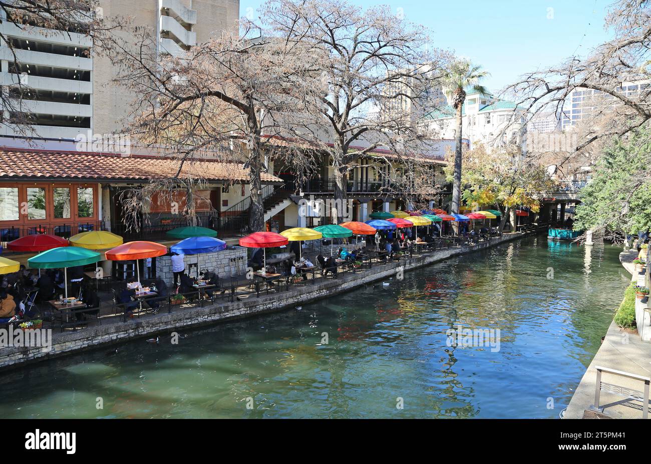 Colorful umbrella on Riverwalk, San Antonio, Texas Stock Photo