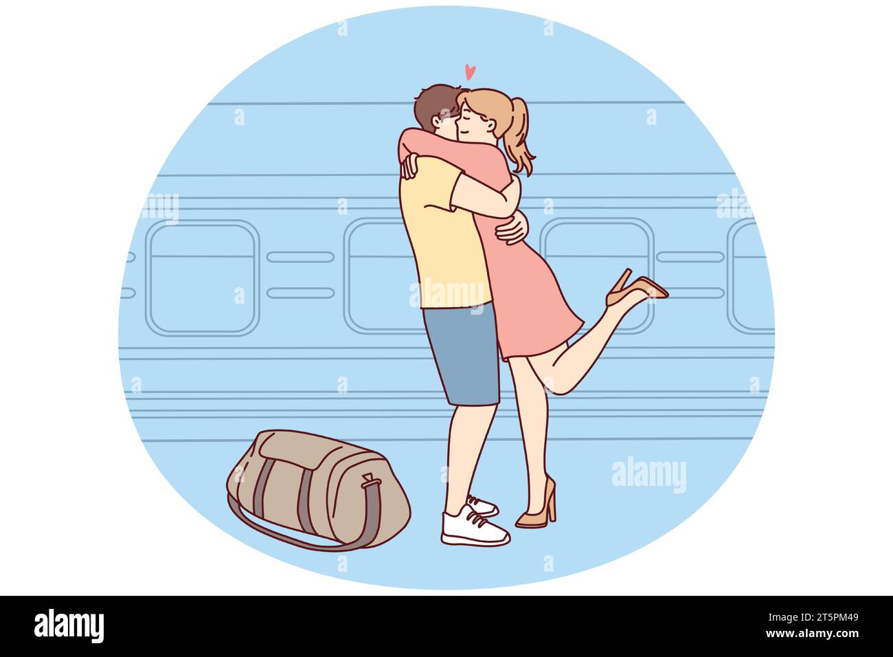 Happy couple hug meet at railway station. Smiling girl embrace guy welcome near train. Long distance relationship. Vector illustration. Stock Vector