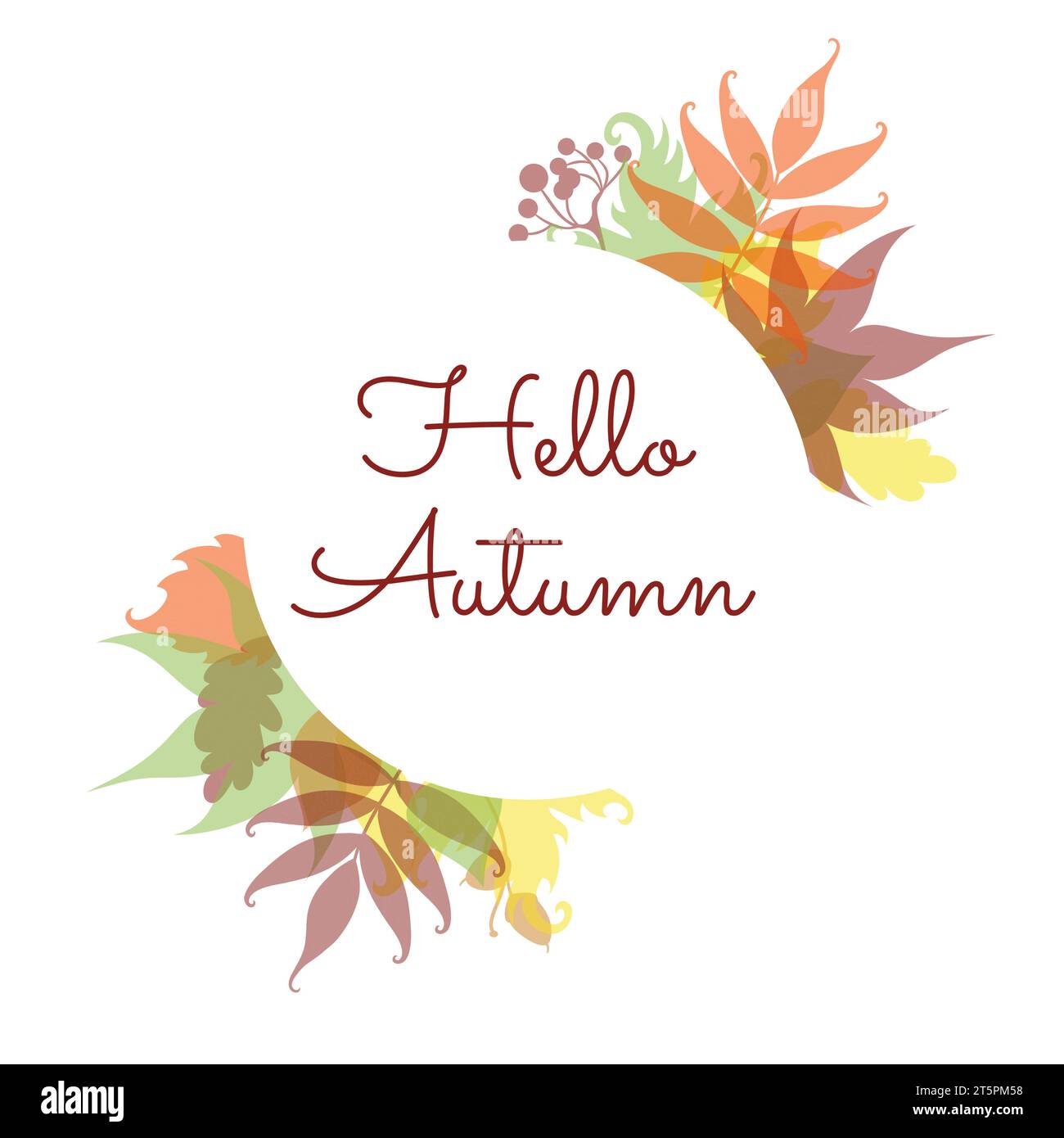 Autumn leaves and Hello Autumn text on the white circle. Isolated on white. Stock Vector