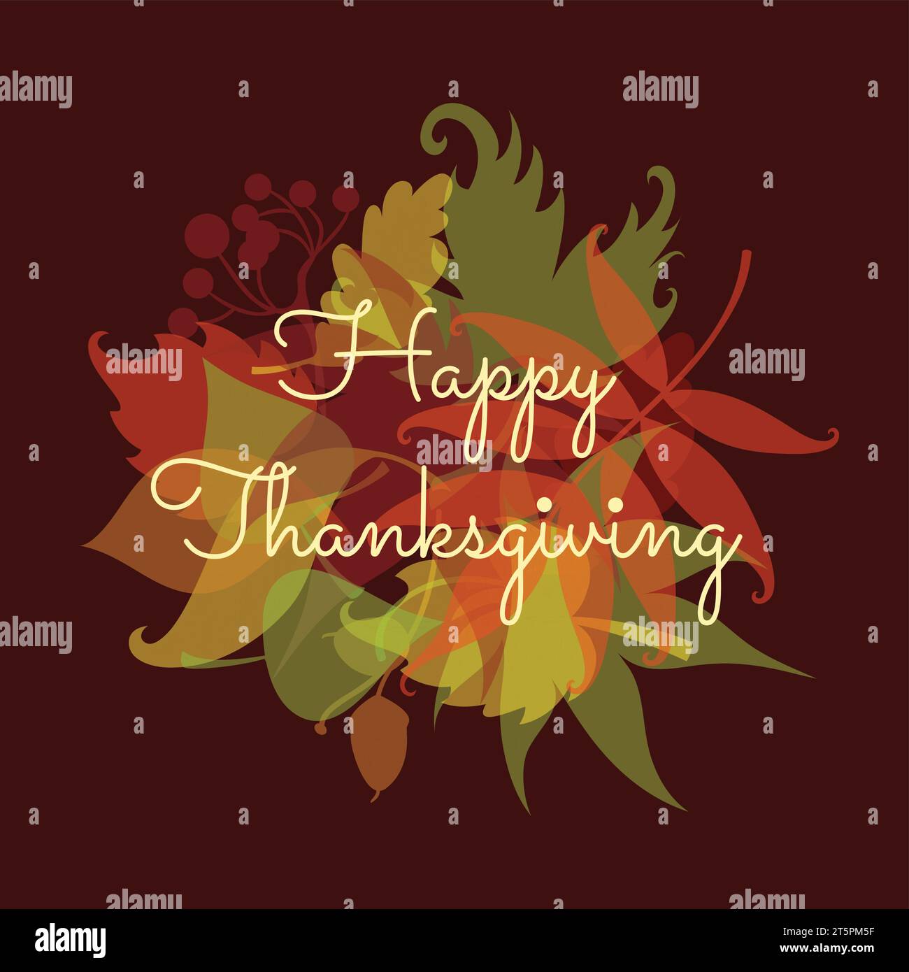 Autumn leaves and Happy thanksgiving text on the dark red background. Stock Vector