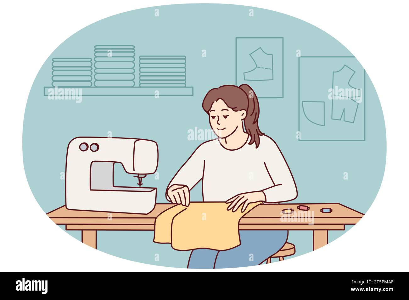 Female dressmaker or seamstress working on sewing machine in workshop ...