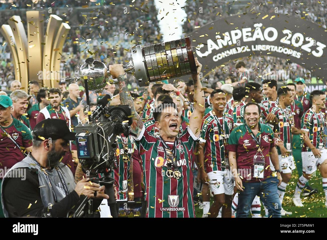 Rio de Janeiro, Brazil, November 4, 2023. Soccer players from the Fluminense team raise the trophy and celebrate winning the 2023 Copa Libertadores at Stock Photo