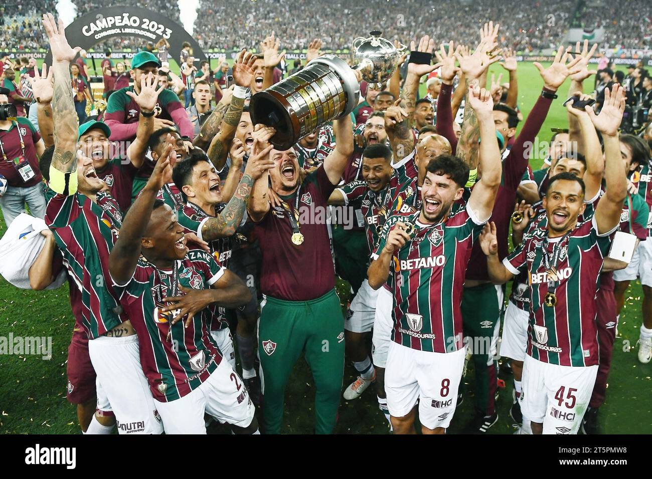 Rio de Janeiro, Brazil, November 4, 2023. Soccer players from the Fluminense team raise the trophy and celebrate winning the 2023 Copa Libertadores at Stock Photo