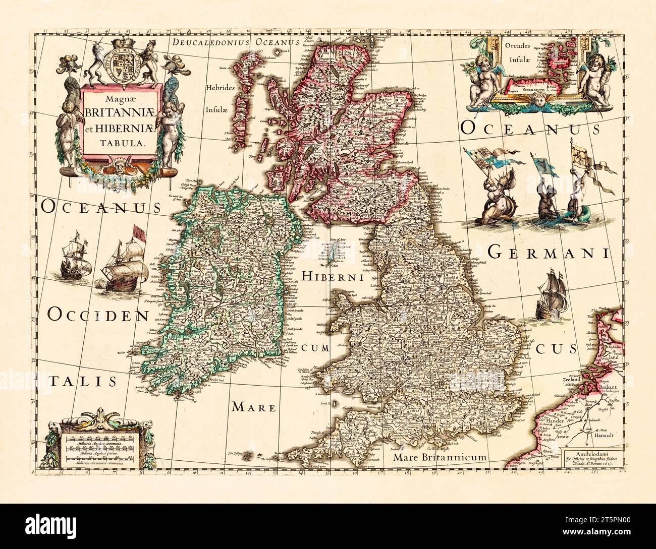 Great Britain and Ireland old map. By Hondius, publ. In 1617 Stock Photo
