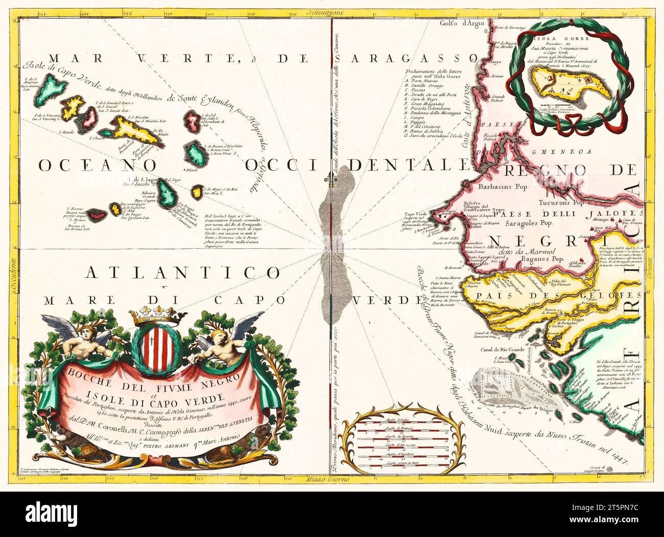 Old map of Cape Verde Archipelago and Africa north western coast. By Bellin, publ. in 1746 Stock Photo
