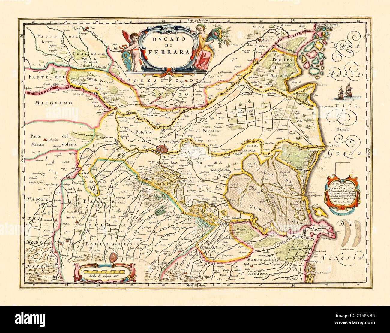 Old map of the Duchy of Ferrara, Italy. By Jansonn, publ. in 1647 Stock Photo