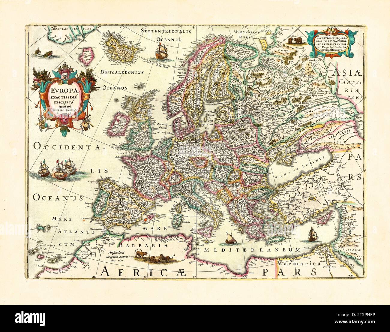 Old map of Europe. By Houndius, publ. in 1638 Stock Photo