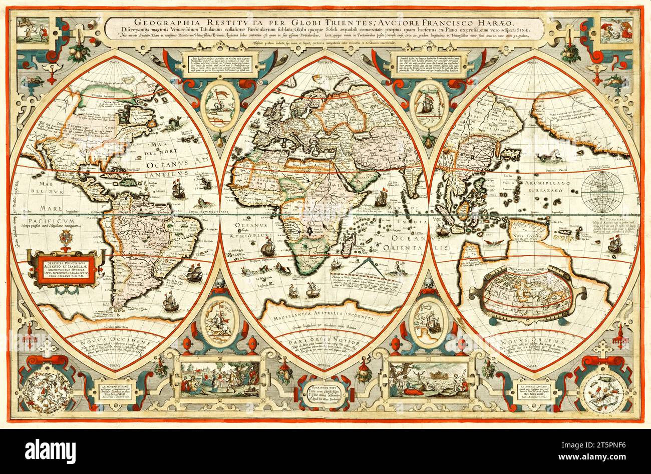 Old map displaying the globe as a triptych. By Verhaer, publ. in 1618 Stock Photo