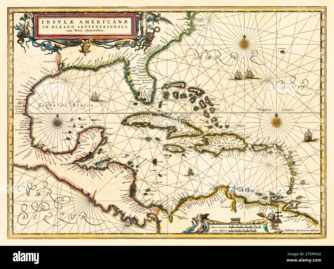 Old map of Gulf of Mexico and Caribbean islands. By Jansson, publ. in 1636 Stock Photo