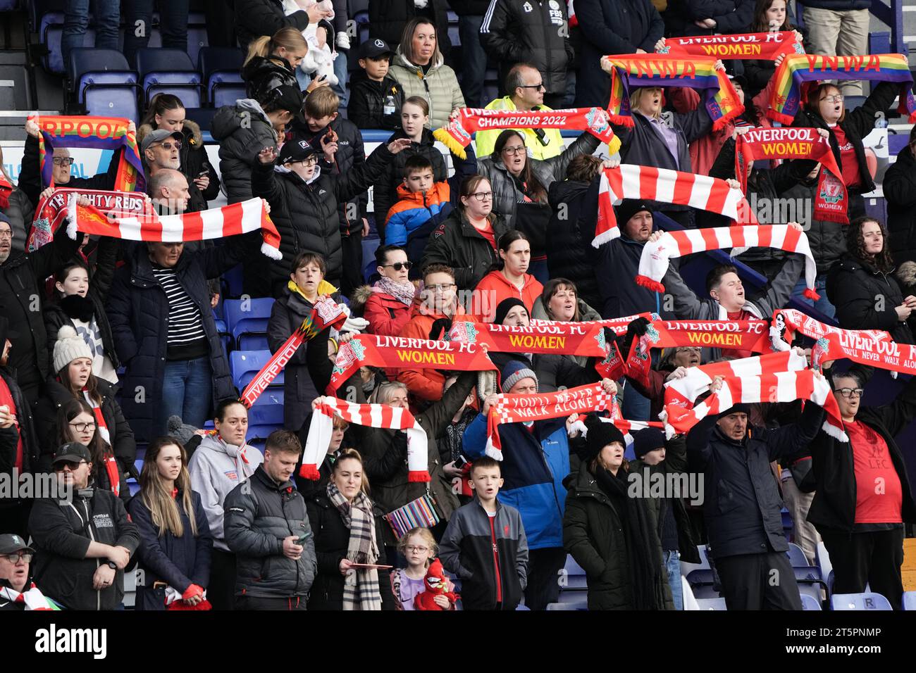 Liverpool FC v Leicester City - Barclays Women´s Super League  BIRKENHEAD, ENGLAND - NOVEMBER 05:  Liverpool fans during the Barclays Women´s Super League match between Liverpool FC and Leicester City at Prenton Park on November 05, 2023 in Birkenhead, England. (Photo Alan Edwards for F2images) Stock Photo