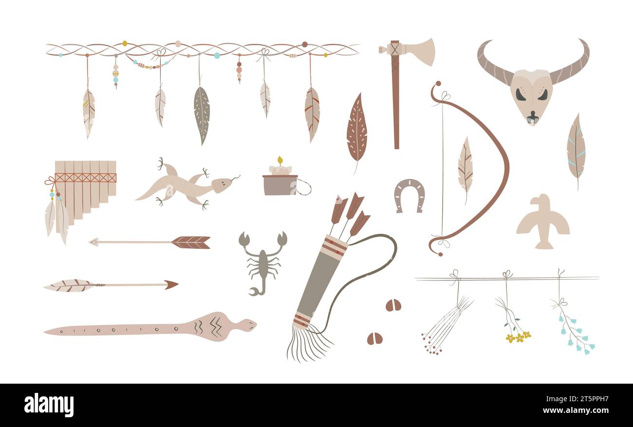 Bohemian native americans elements set. Wild west clipart with arrow, arch, border. Stock Vector