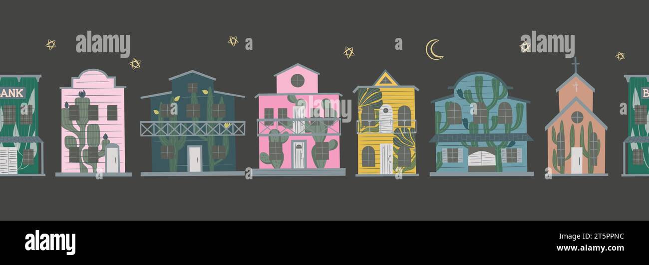 Bright night wild west town houses. Western street with floral graffities wood buildings vector seamless border. Stock Vector