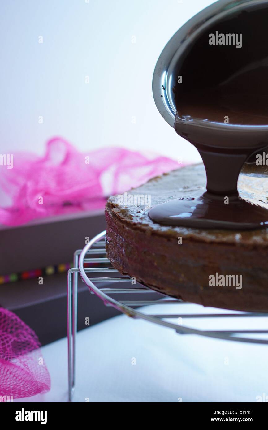 Chocolate mirror glaze cake Stock Photo