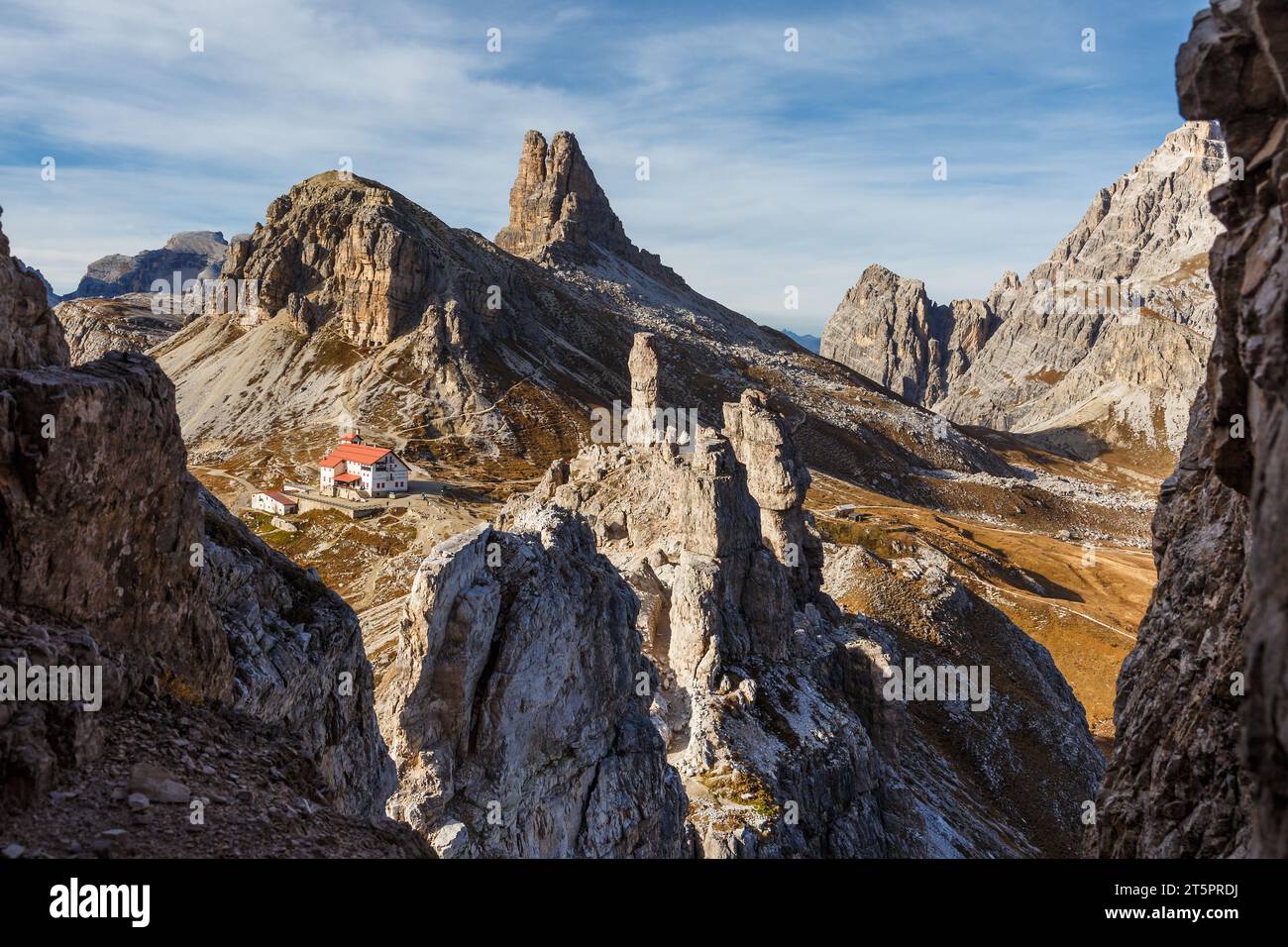 Locatelli refuge with tower of Torre Toblin in the back, Dolomite