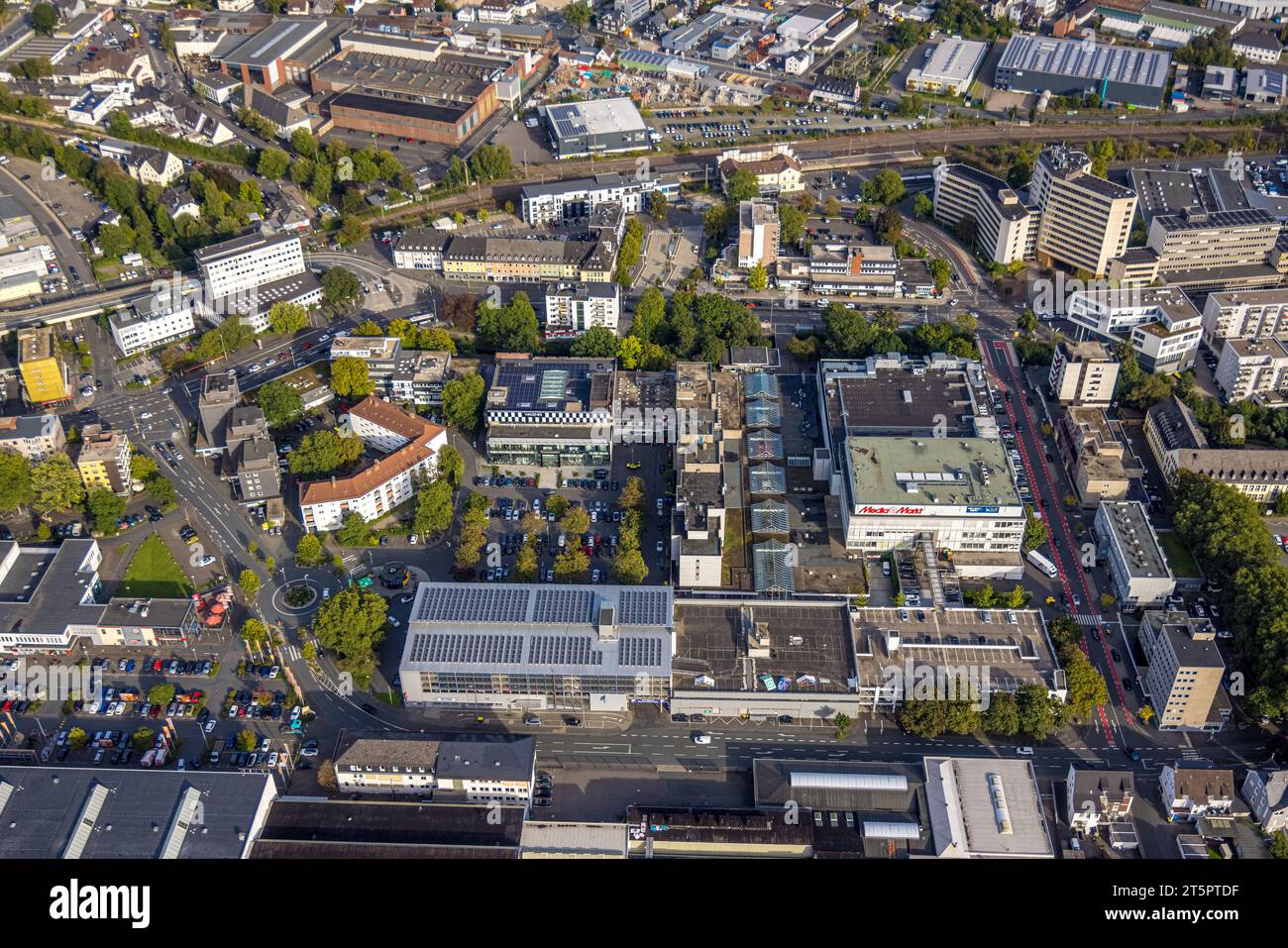 Aerial view, City Hauptmarkt with Media Markt and Modehaus Wagener, tax office, Weidenau-West, Siegen, Siegerland, North Rhine-Westphalia, Germany, DE Stock Photo