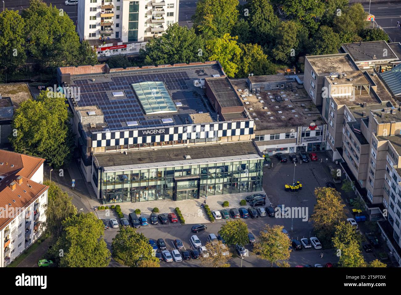 Aerial view, City Hauptmarkt and Modehaus Wagener, Weidenau-West, Siegen, Siegerland, North Rhine-Westphalia, Germany, DE, Shopping center, Shopping m Stock Photo