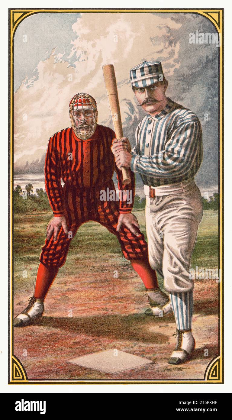 Old baseball illustration showing batter and catcher ready to play. By unidentified author, publ. in Buffalo, 1885 Stock Photo