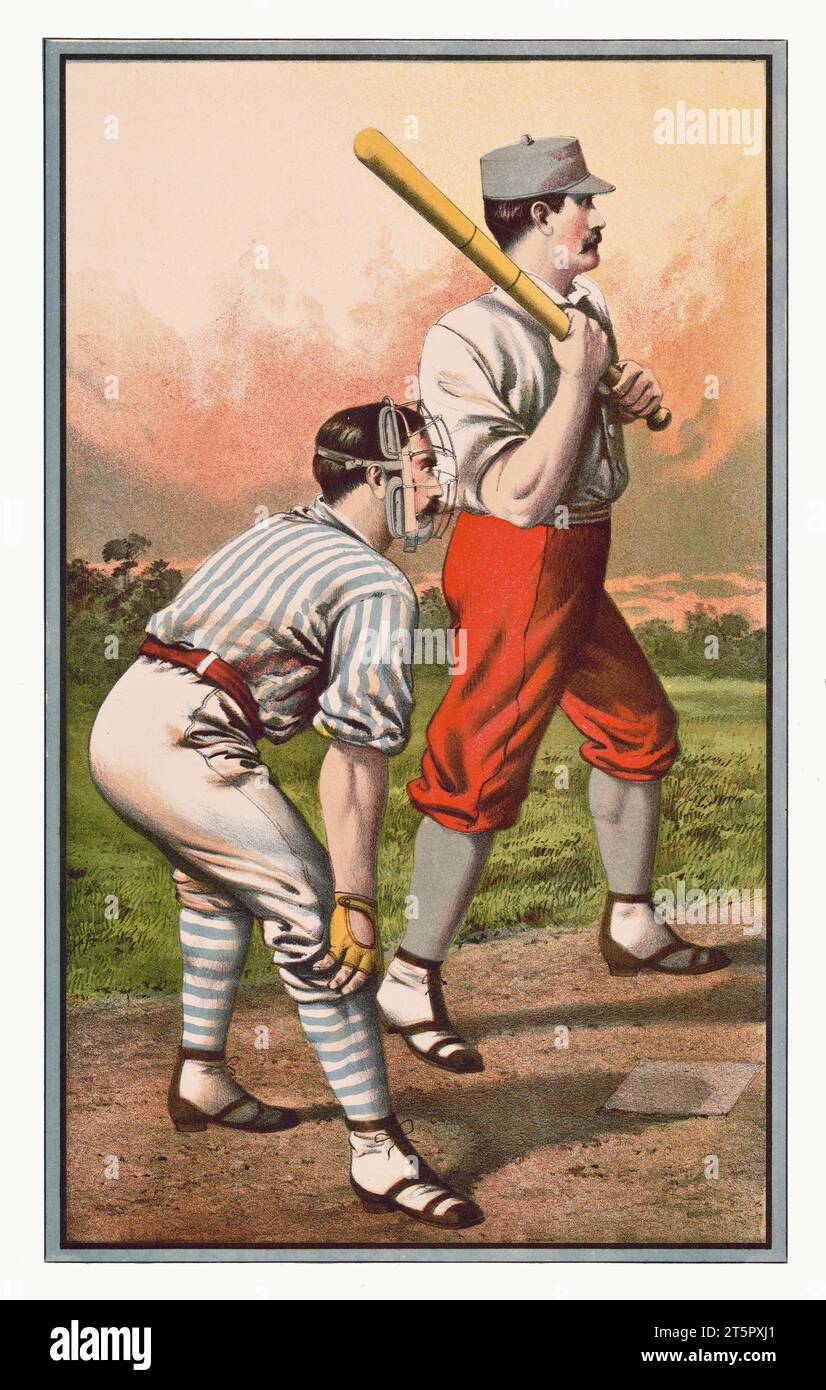 Old baseball illustration showing catcher and batter ready to play. By unidentified author, publ. in Buffalo, 1885 Stock Photo