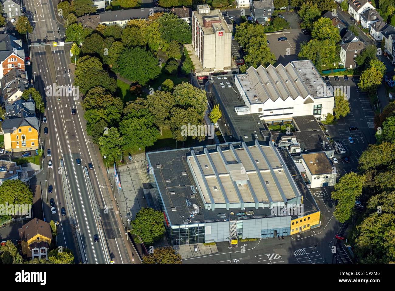 Aerial view, Siegerlandhalle, Leonhard-Gläser-Saal, Amedia Hotel, high-rise building, Siegen-Kernband, Siegen, Siegerland, North Rhine-Westphalia, Ger Stock Photo
