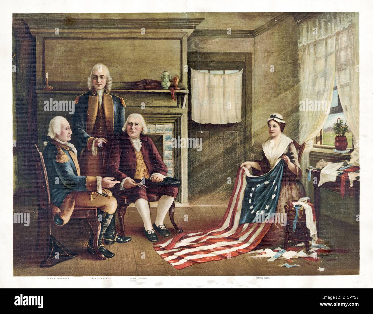 Old illustration showing the birth of American Flag. By Weigsberger, publ. in New York, 1897 Stock Photo