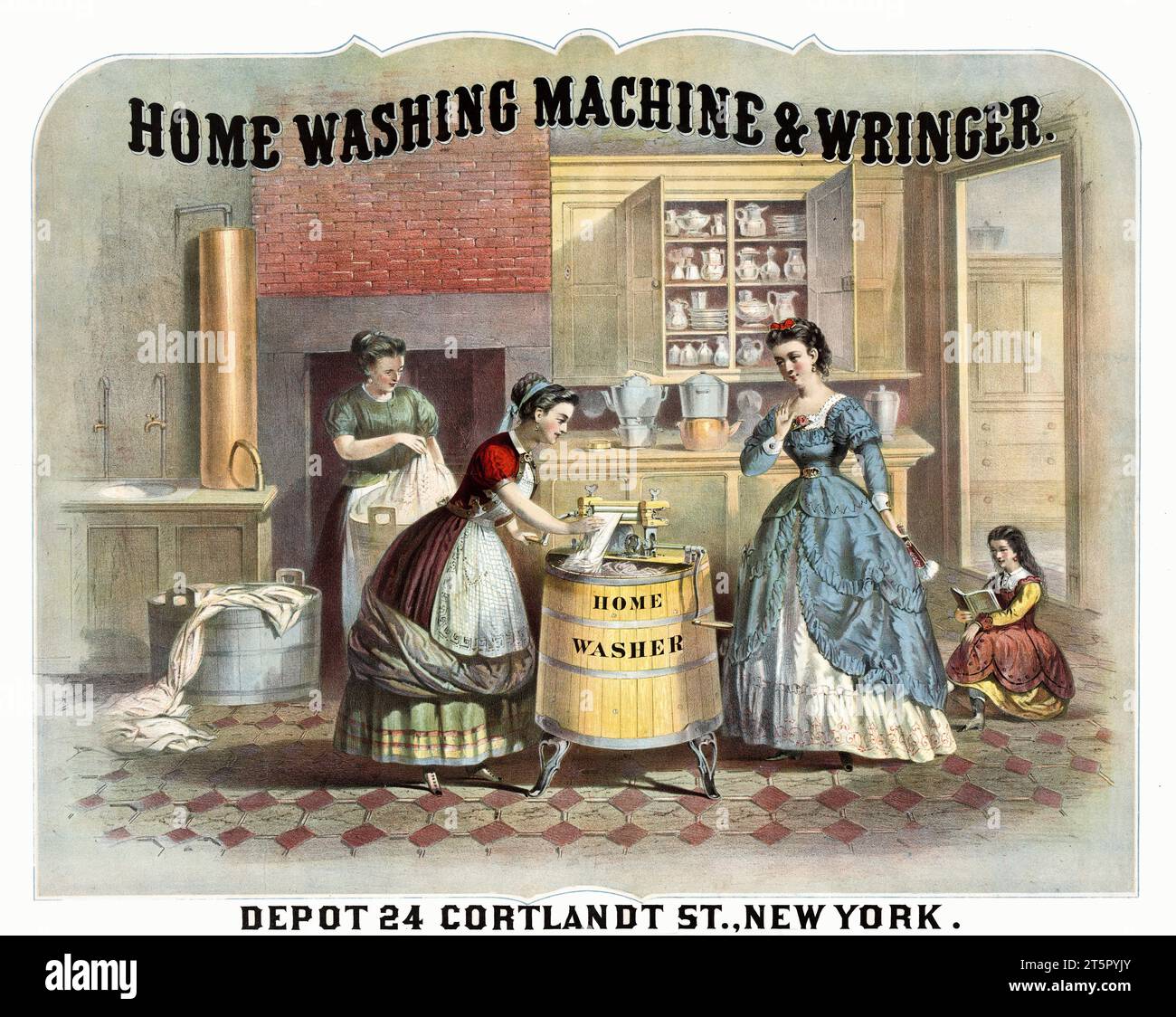 Old washing machine advertisement poster. By unidentified author, publ. in New York, ca 1869 Stock Photo