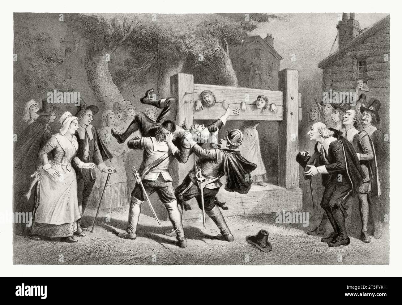 People in colonial attire put some unfortunate individuals in the pillory. An extremely detailed ancient engraving published in 1892. Unknown author Stock Photo