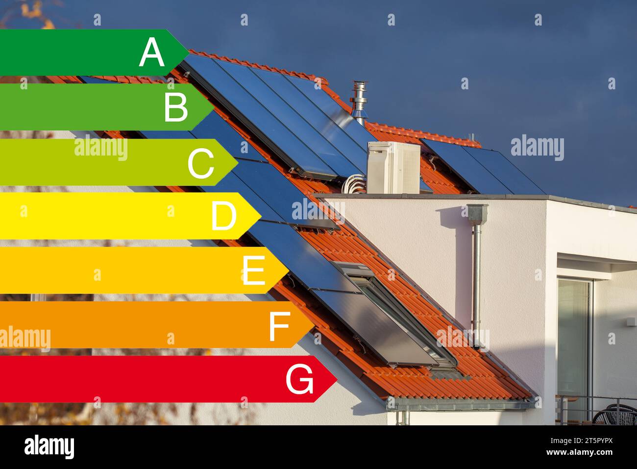 Solar roof on a detached house with the European Union energy label Stock Photo