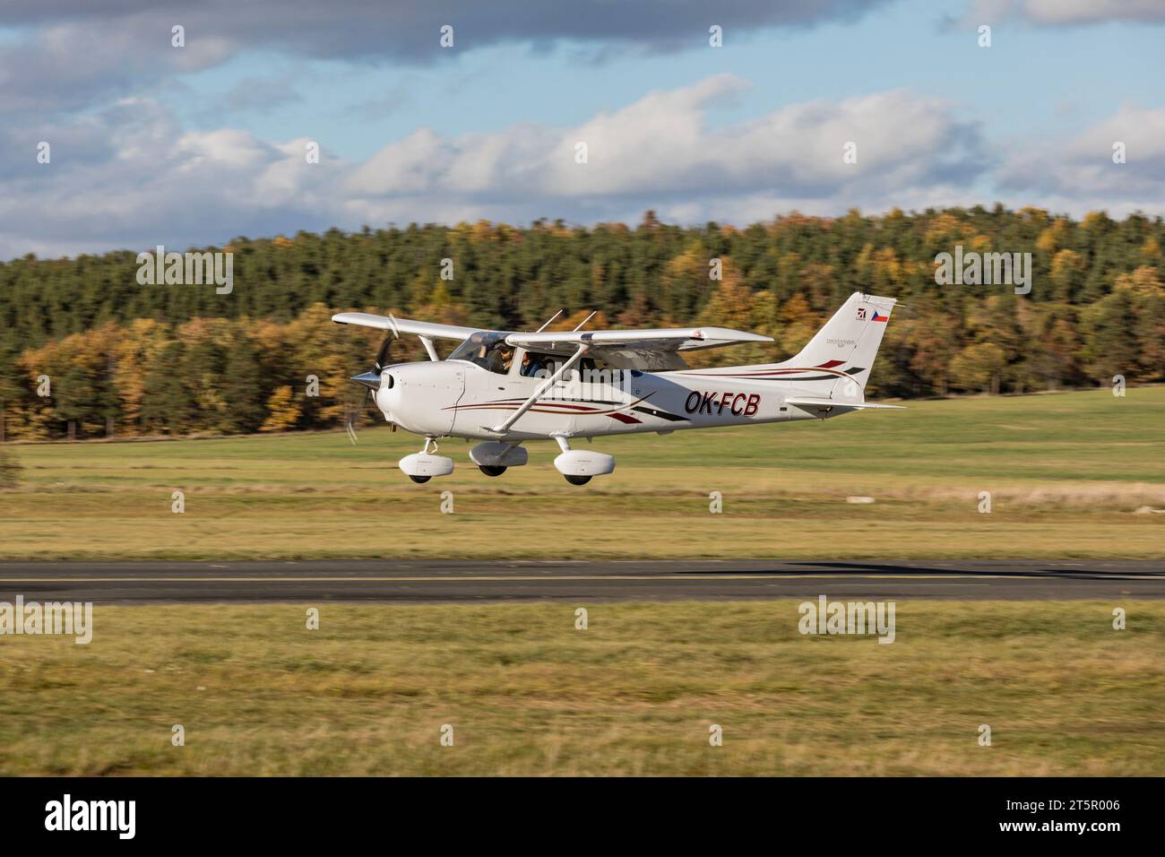 DLOUHA LHOTA, CZECH REPUBLIC - 11 Nov 2023. Cessna 172S Skyhawk SP takes off at the airport in Dlouha Lhota. The Cessna 172 Skyhawk is a light single- Stock Photo