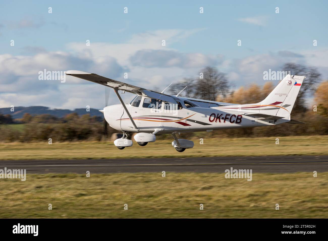 DLOUHA LHOTA, CZECH REPUBLIC - 11 Nov 2023. Cessna 172S Skyhawk SP takes off at the airport in Dlouha Lhota. The Cessna 172 Skyhawk is a light single- Stock Photo