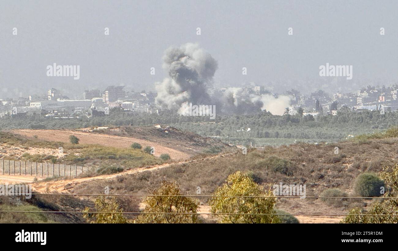 Smoke rises after explosions in the Gaza Strip as seen from Sederot city in Israel, November 6, 2023. (CTK Photo/Pavel Nemecek) Stock Photo