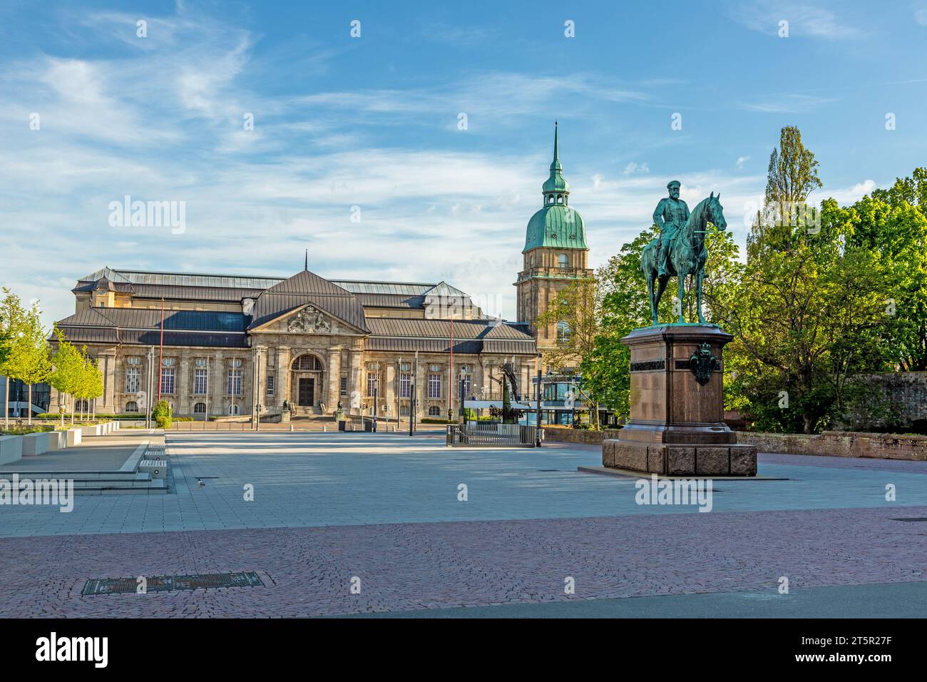 Panoramic view over Friedensplatz square to Hessian State Museum in German university city Darmstadt during daytime Stock Photo