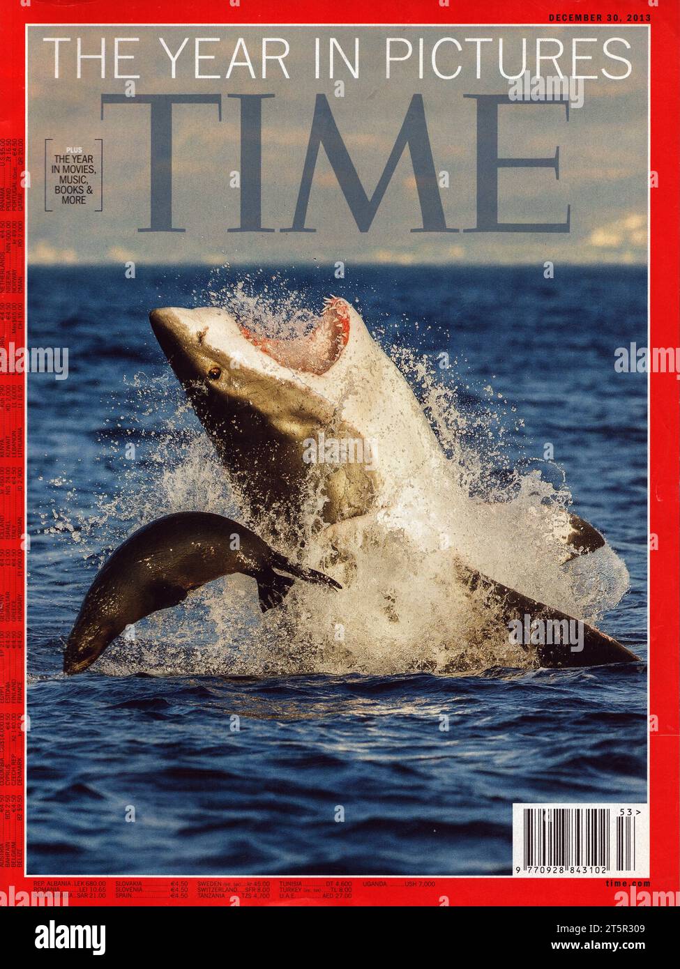 Cover page of TIME magazine December 30, 2013; photo by David Jenkins Dolphin jumping out of the water; Front page of the TIME magazine Stock Photo