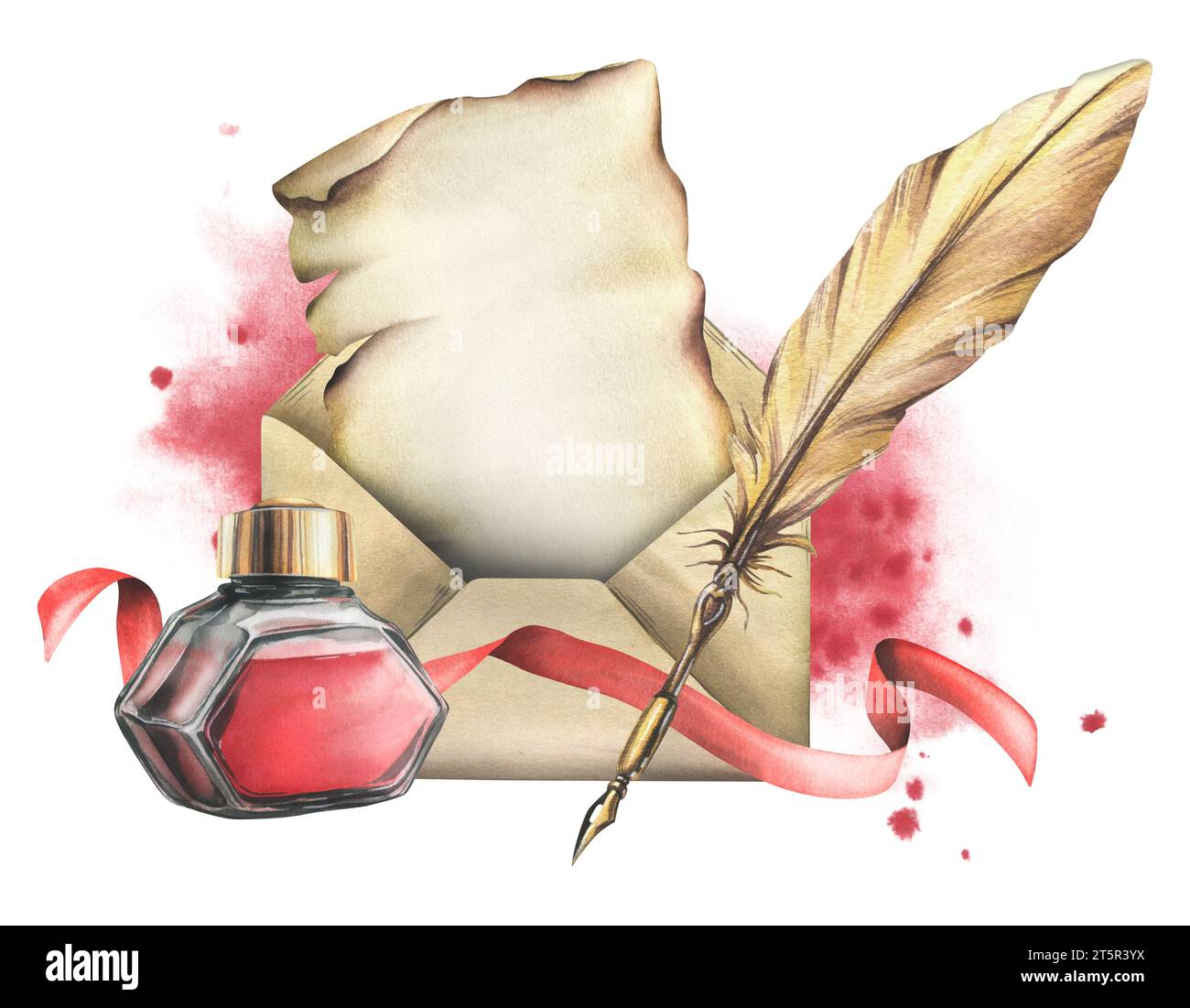 Glass transparent inkwell, red ink jar with gold lid, Gold pen with