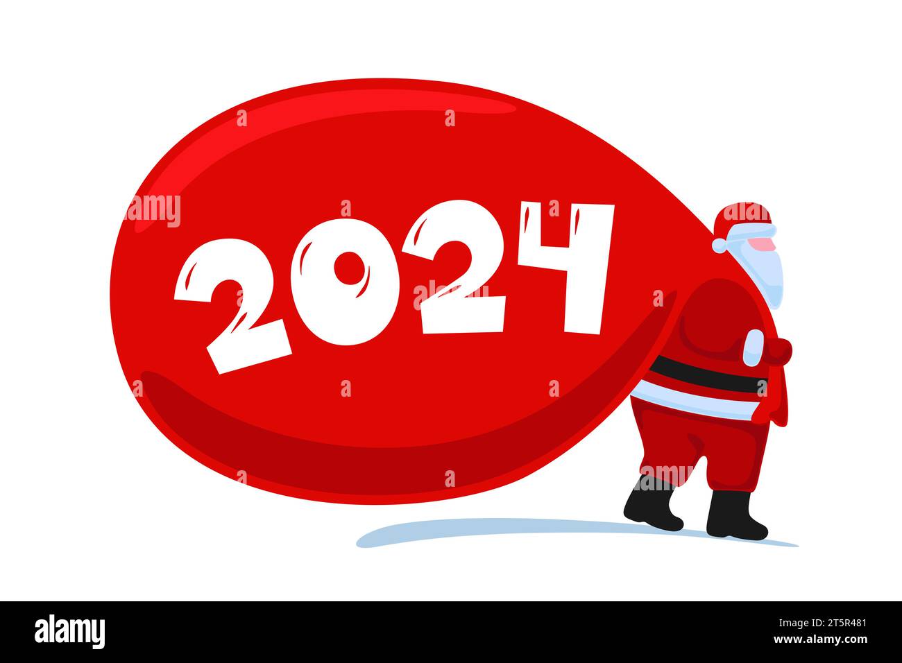 Santa Claus cartoon character coming and carries large heavy gifts red bag. Christmas and Happy New year 2024 holiday greeting card on white background. Vector celebration calendar poster illustration Stock Vector