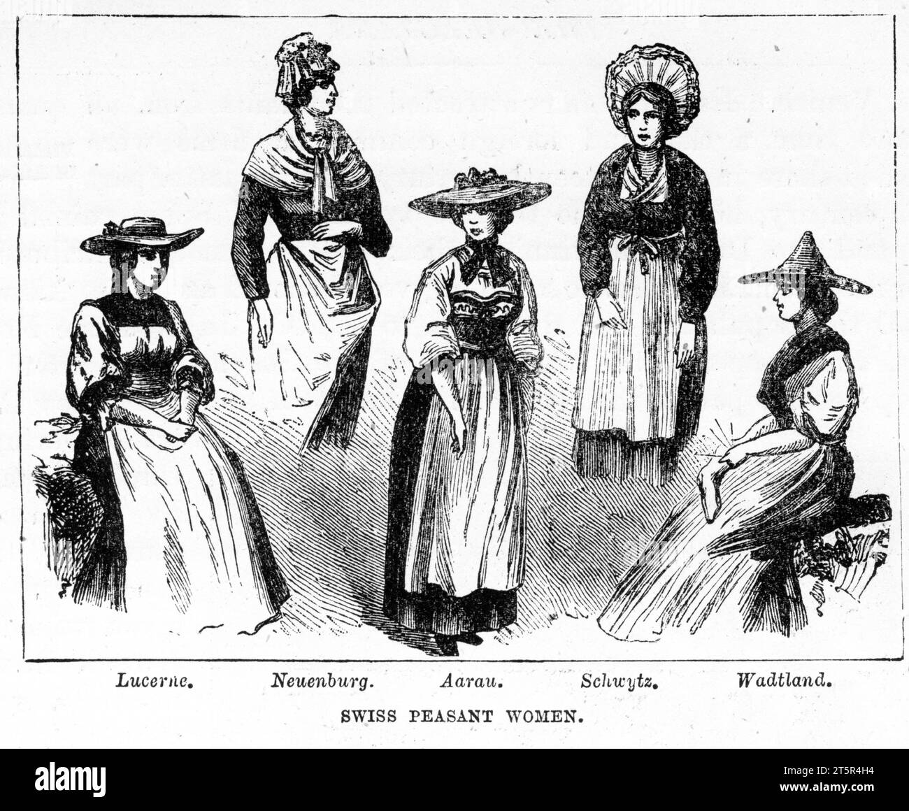 Engraved portrait of Swiss peasant women from Lucerne, Neuenburg, Aarau, Schwytz and Wadtland in traditional costumes. Published circa 1887 Stock Photo