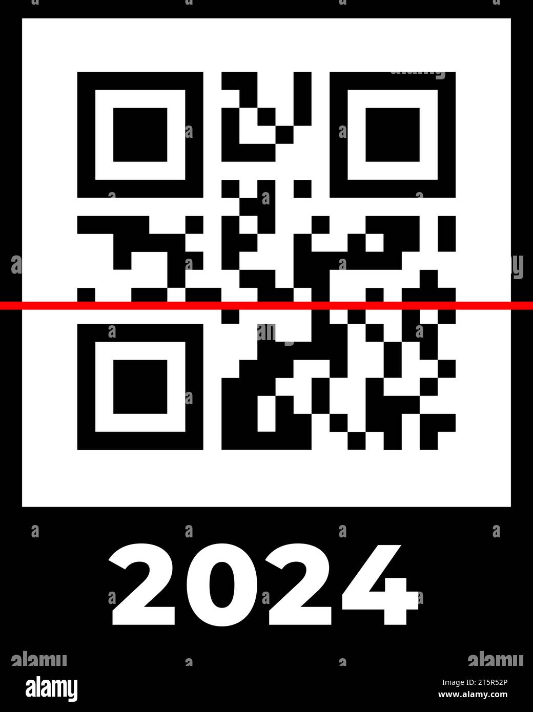 Real QR code 2024 numbers with red scan line. Happy New Year with covid vaccination barcode concept design template. Vector eps illustration for banner, poster, greeting card, invitation Stock Vector