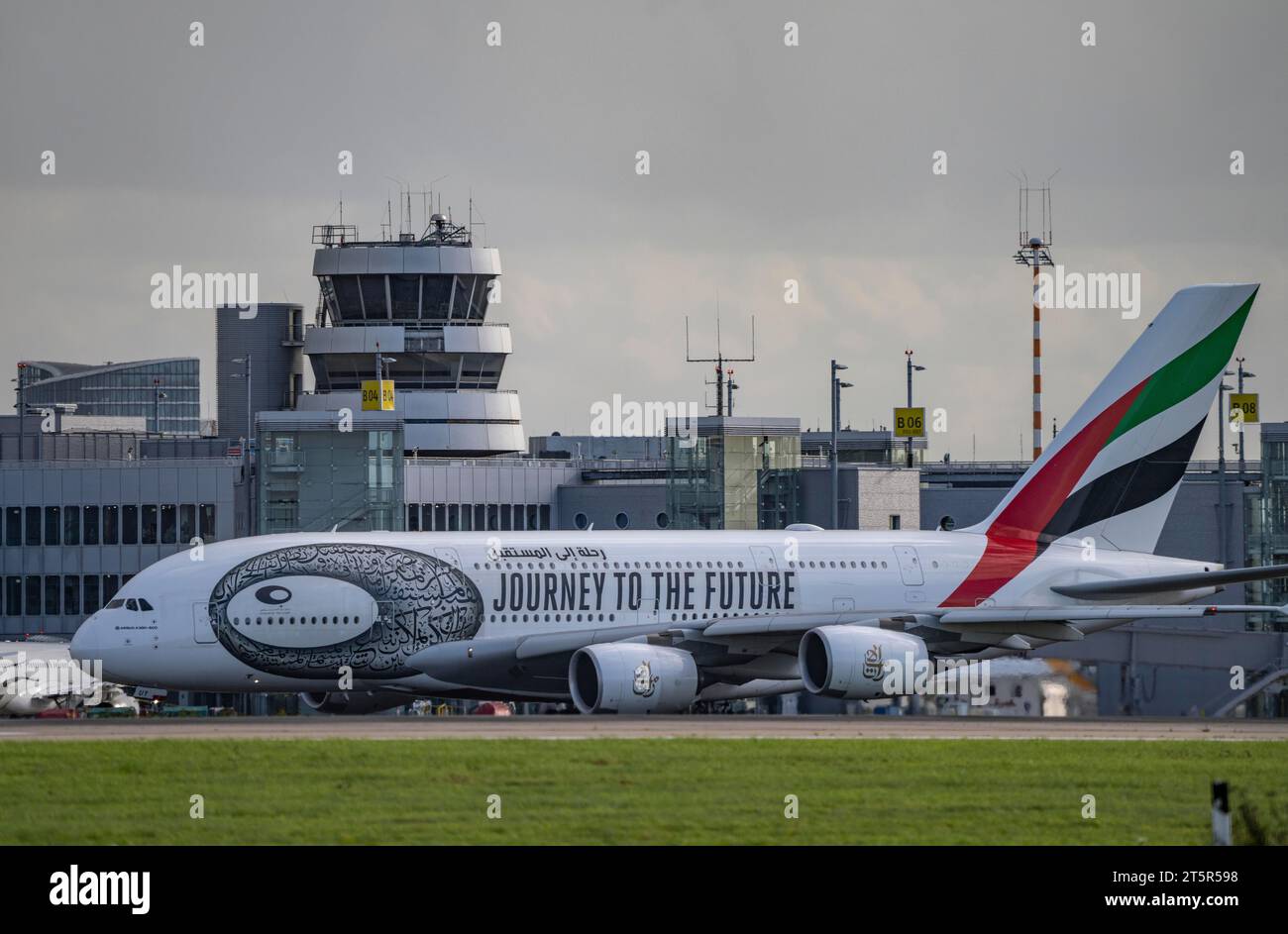 Düsseldorf International Airport, Emirates, Airbus A380-800, A6-EUT, on the taxiway for take-off, Stock Photo