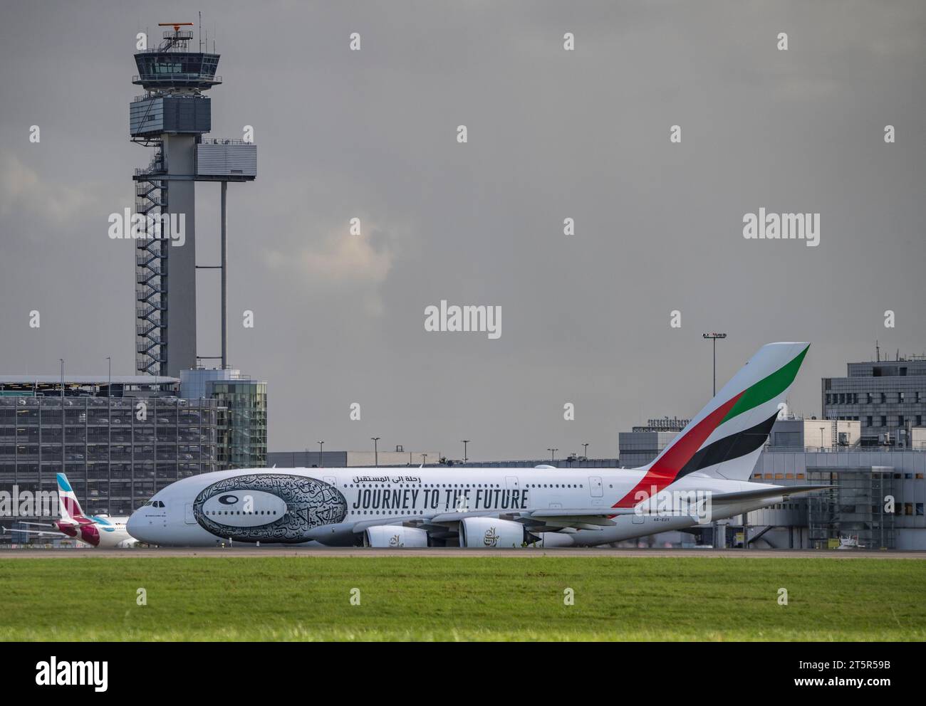 Düsseldorf International Airport, Emirates, Airbus A380-800, A6-EUT, on the taxiway for take-off, Stock Photo