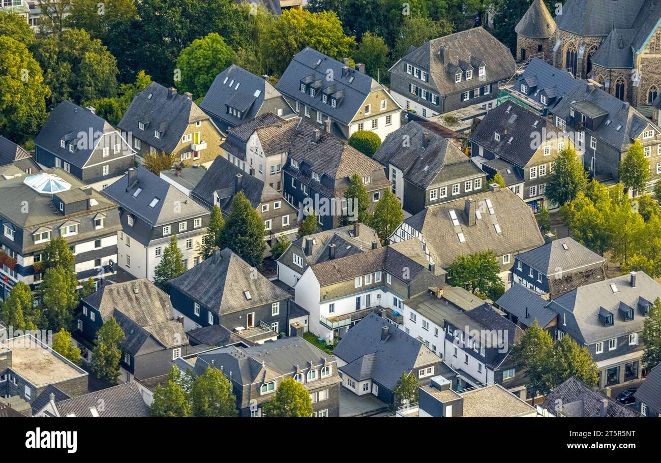 Aerial view, residential area between Winterbergstraße and Auf der Mauer at St. Martinus Church, Olpe-Stadt, Olpe, Sauerland, North Rhine-Westphalia, Stock Photo