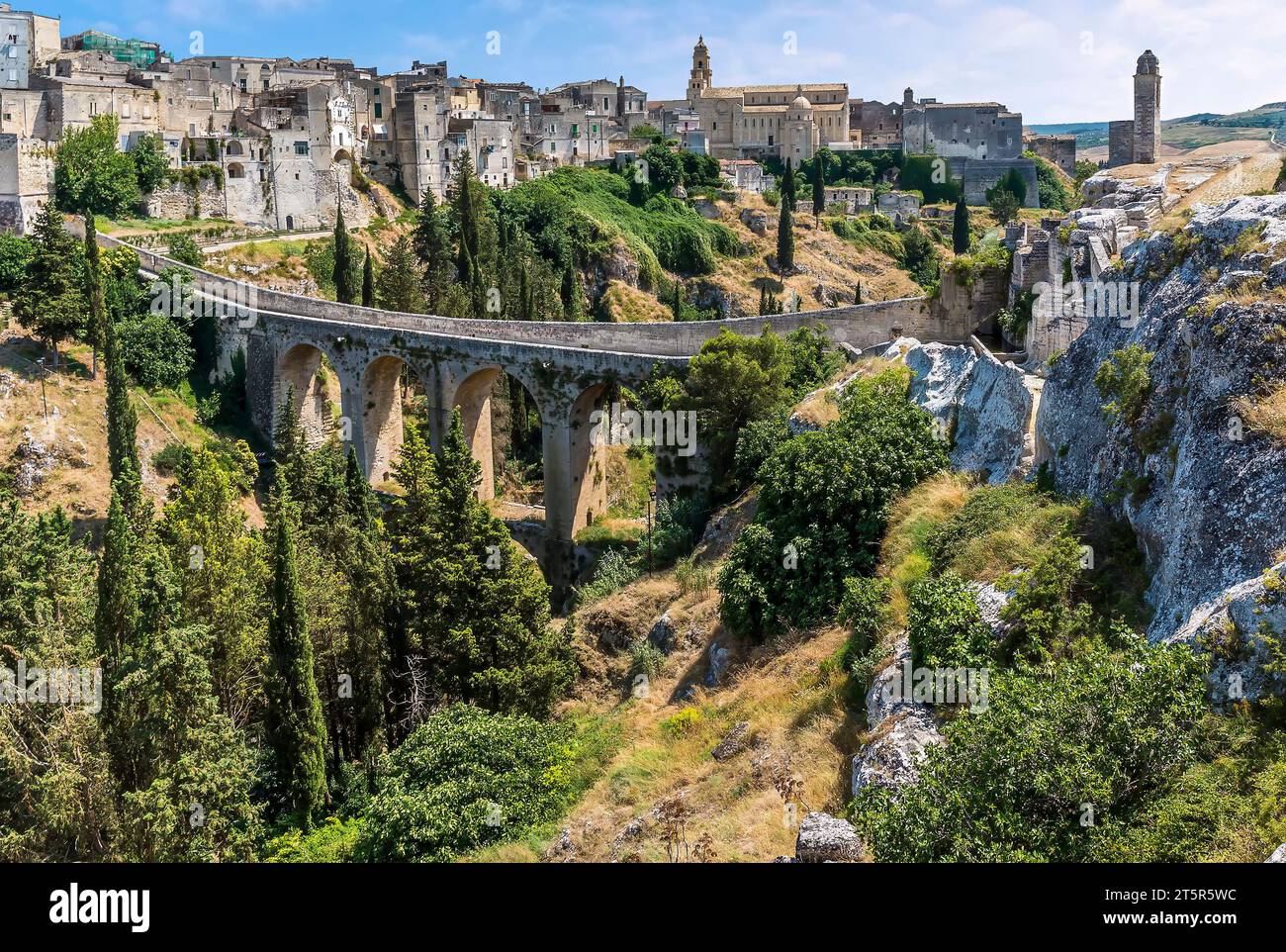 A view of  Gravina in Puglia, Italy with the Roman two tier bridge stretching into the town Stock Photo