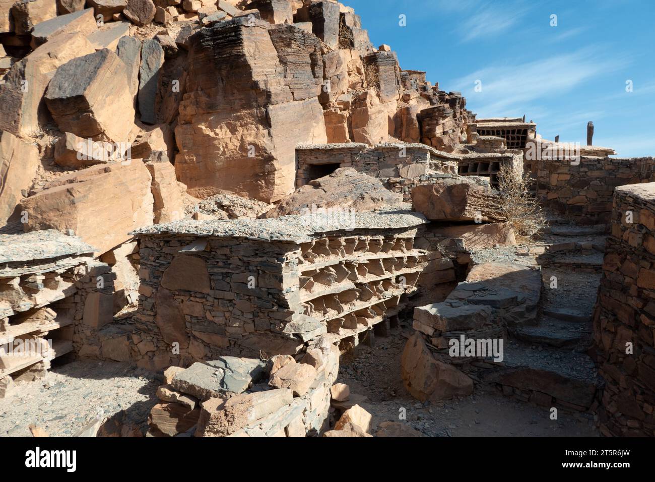 remains of storage system for beehives and honey at one of the famous granaries of Amtoudi, Agadir N'id Issa, in southern Maroc Stock Photo