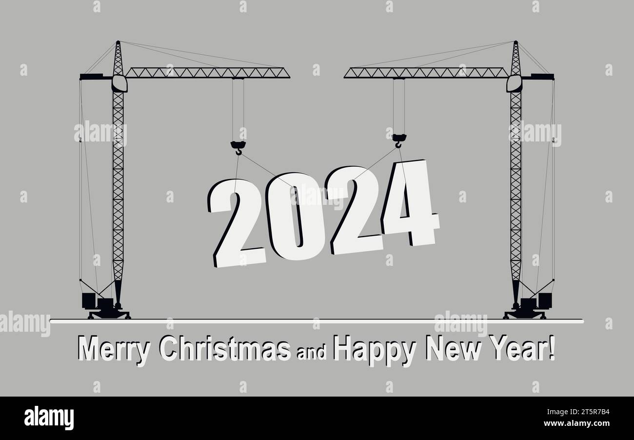 New Year card. Tower construction cranes are lifting the New Year 2024 numbers. Flat vector