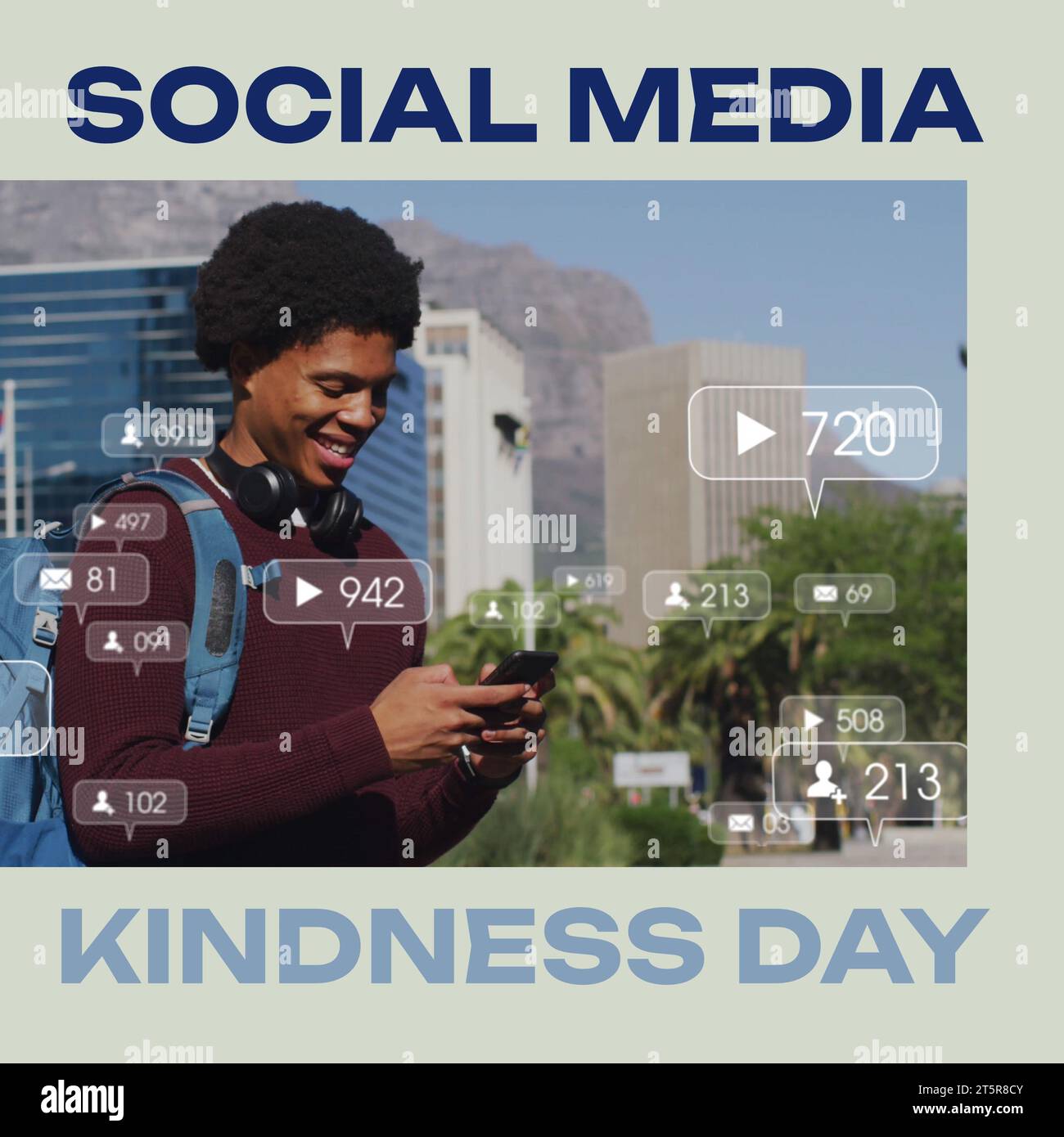 Social media kindness day text and african american man using