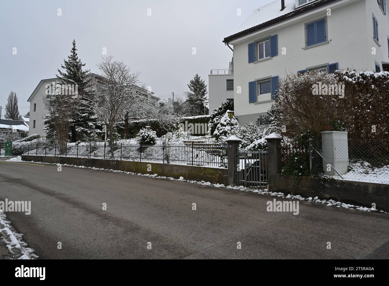 Street in residential quarter of village Urdorf in Switzerland in winter. There is a thin layer of snow especially on threes. Stock Photo