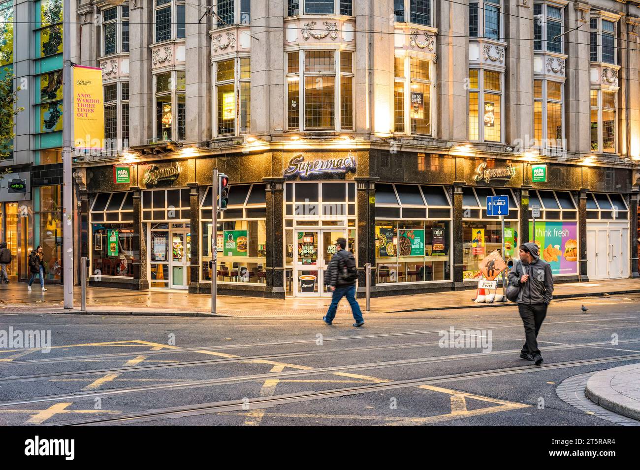 Supermac’s, an Irish fastfood restaurant at O’Connell Street in the morning lights. Dublin