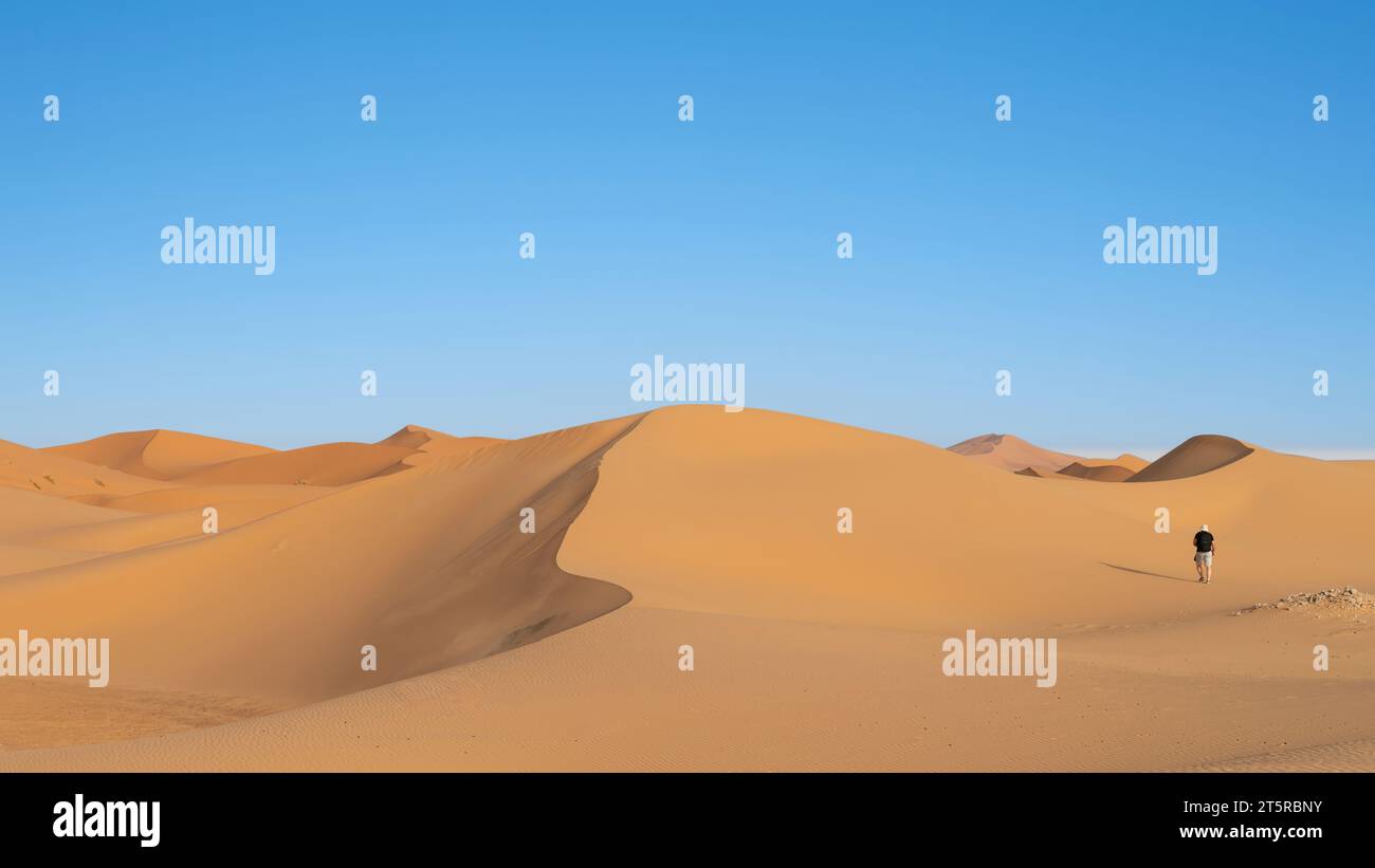 Unidentified tourist walking on sand dunes of Sahara Desert in northern ...