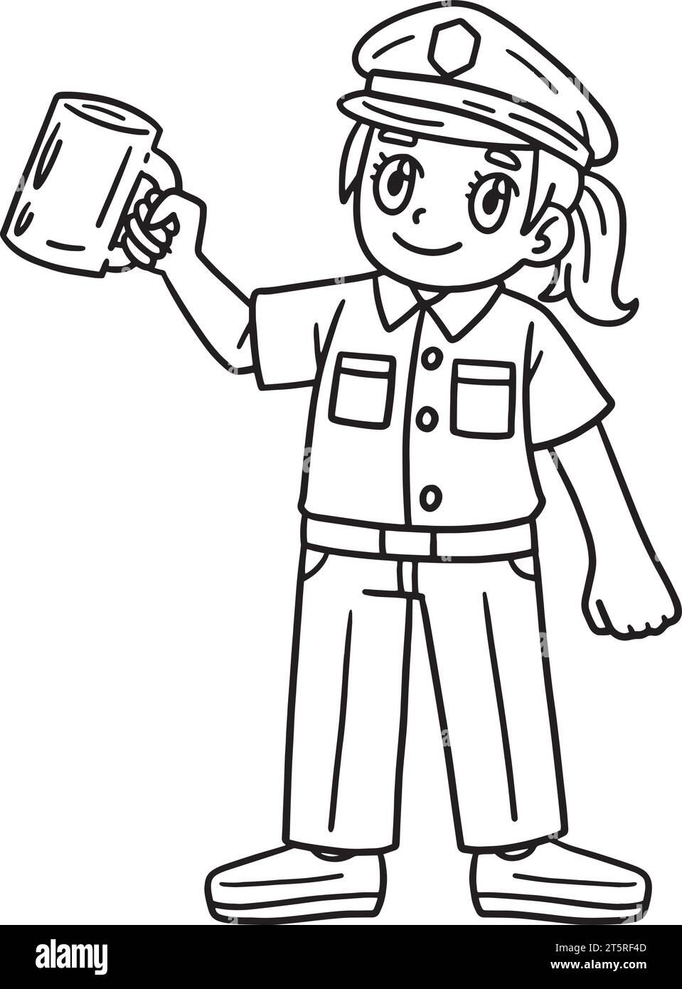 Policewoman Holding Mug Isolated Coloring Page Stock Vector