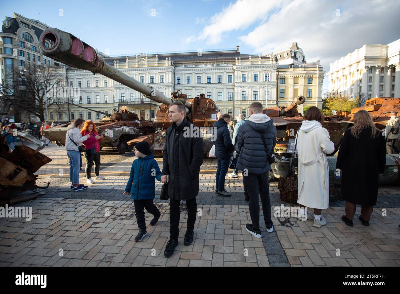 Kyiv, Ukraine. 05th Nov, 2023. People walk near a destroyed Russian tank on display in central Kyiv. Credit: SOPA Images Limited/Alamy Live News Stock Photo