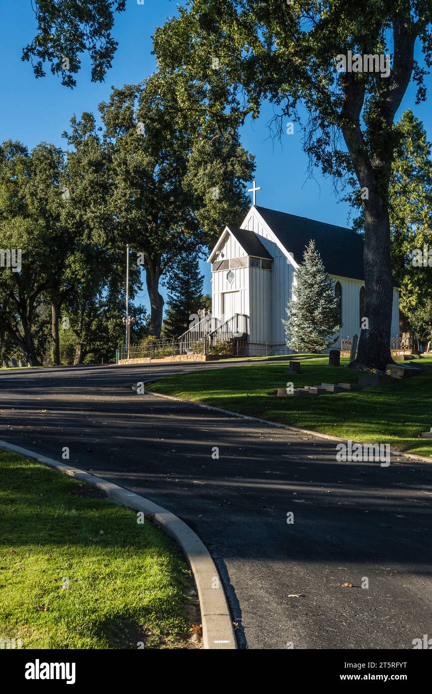 Little church on the hill was built by volunteers with donated materials. Stock Photo